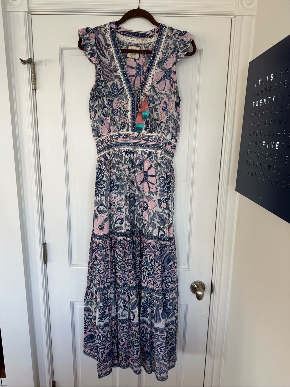 Pink & Blue Floral Maxi Dress with Tassel Tie by Bell